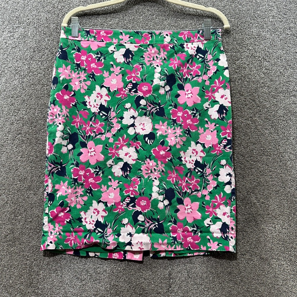 J Crew Cotton Sateen Pencil Skirt Women 8 Green Floral Knee Length Summer Office